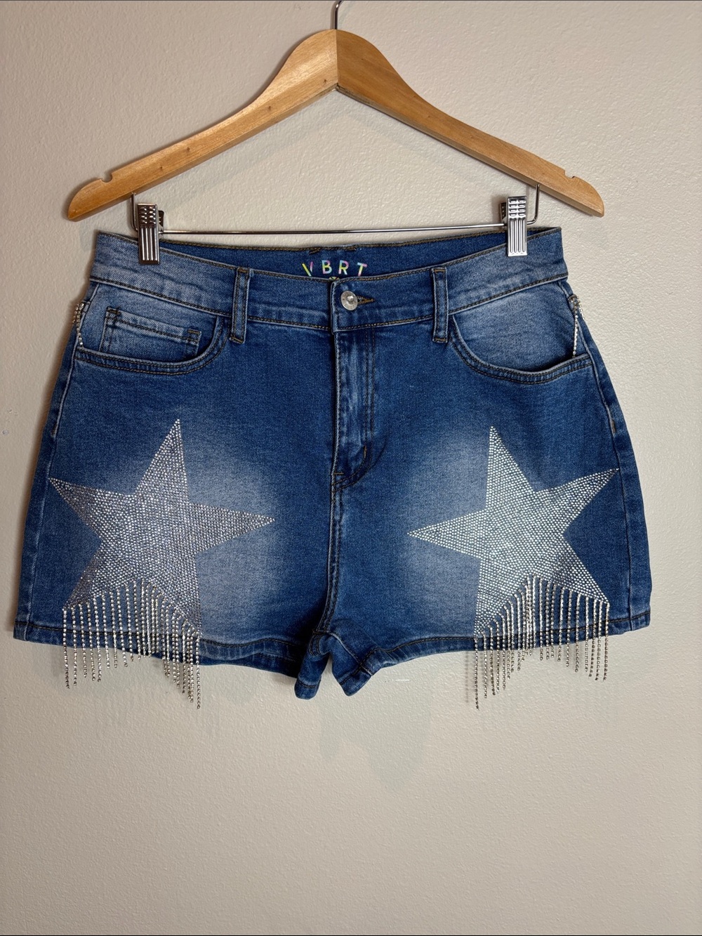 VRBT Rhinestone Star & Fringe Jean/Denim Shorts Large